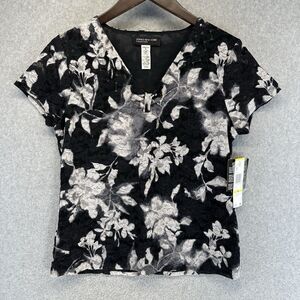 Jones New York Womens Blouse Size Medium Black & White Short Sleeve V-Neck